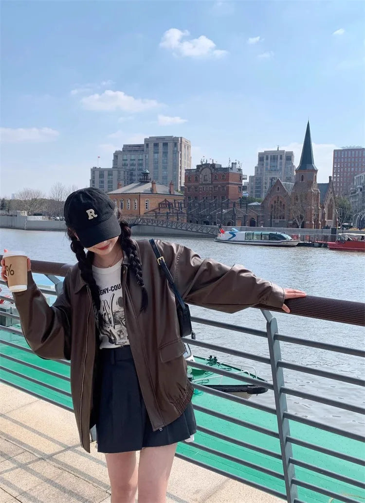 Chaqueta Cuero Mujer Americana - Chaqueta Moto Café Retro 2024