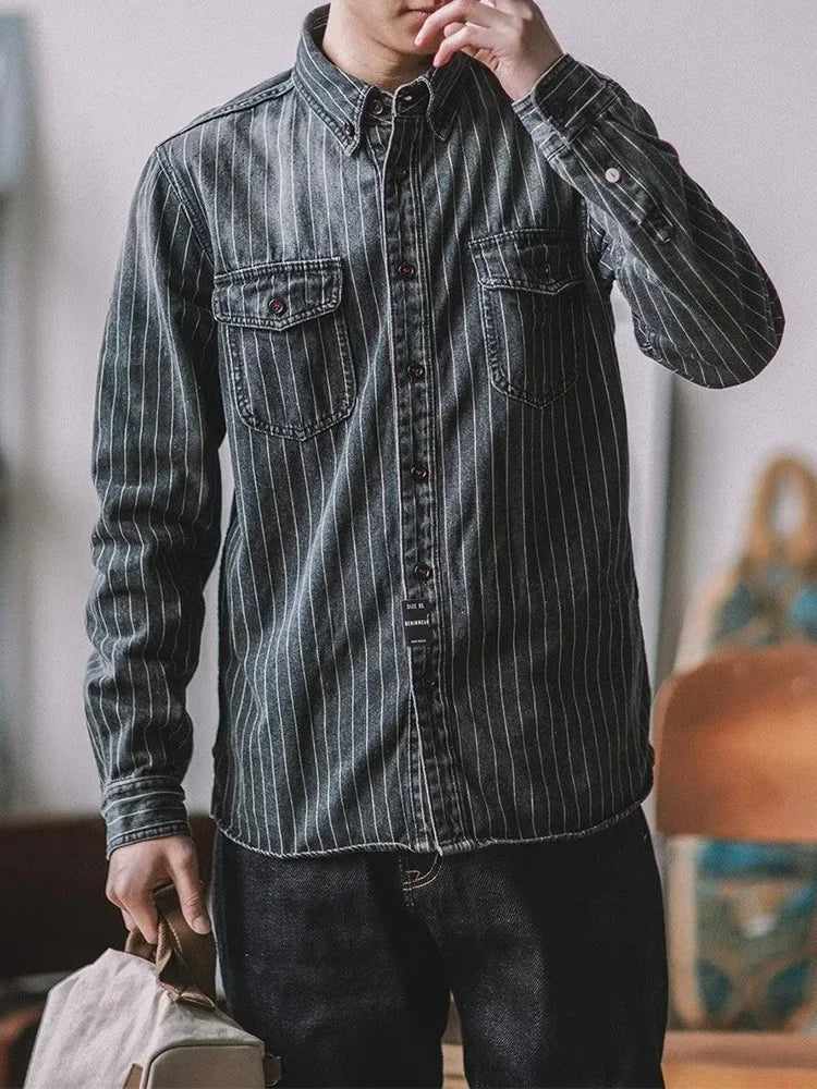 Camisa Denim Hombre Streetwear 2025 Primavera - Manga Larga Rayas Cargo Casual