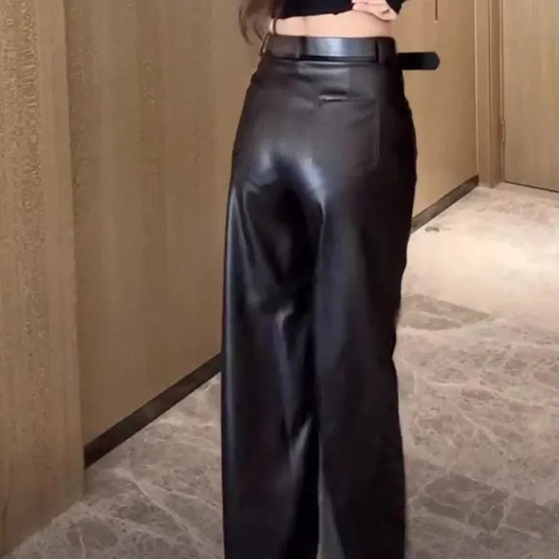 Pantalón Cuero PU Mujer Acampanado - Leggings Negro Gótico