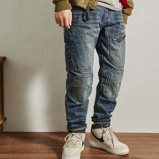 Vaqueros Moto Vintage Americanos - Jeans Cargo Parches Pesados Estilo Retro