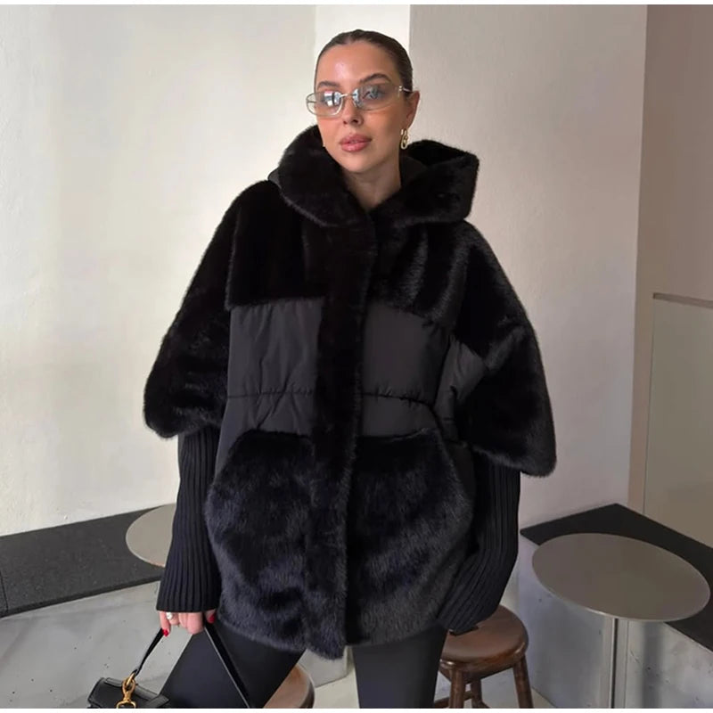 Abrigo Mujer Capucha Patchwork - Abrigo Manga Tejida Oversize 2025