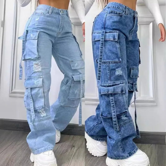 Jeans Cargo Mujer Multibolsillos - Pantalón Cintura Alta 2025