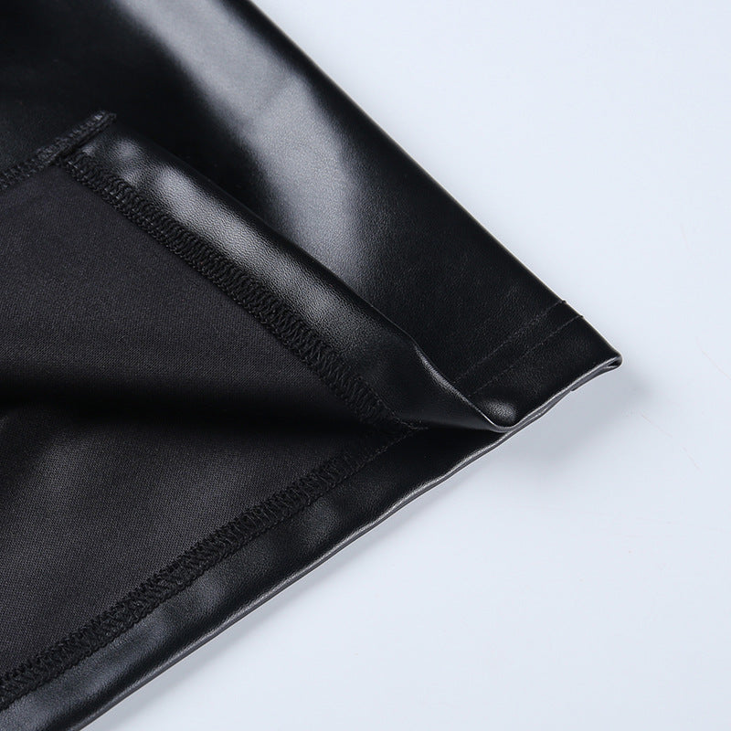 Falda Piel Mujer Elegante Oficina - Falda Cuero PU Midi Fruncida Negra Otoño