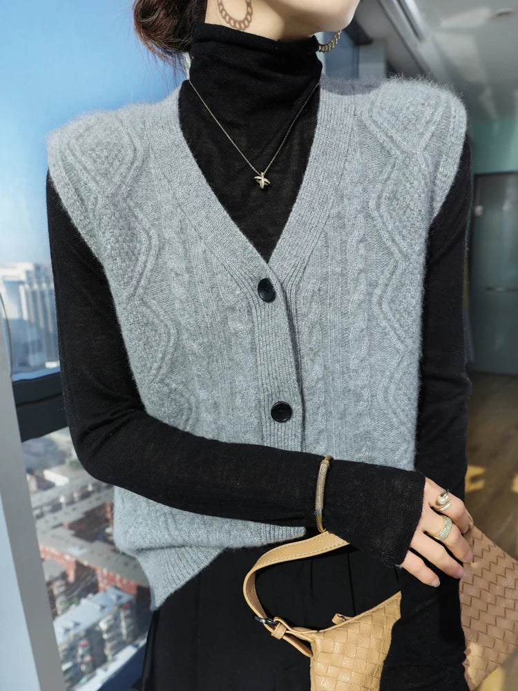 Chaleco Mujer Cashmere Cuello V - 100% Lana Merino Otoño Invierno Casual