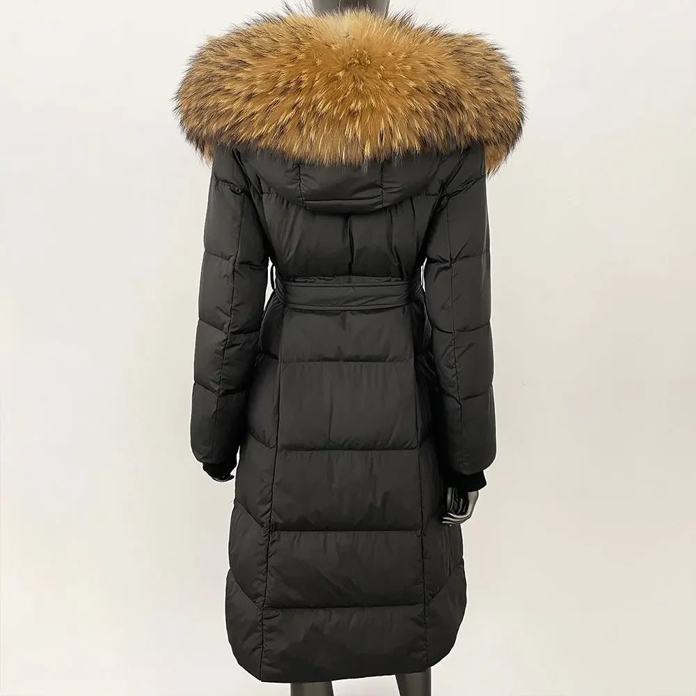 Abrigo Mujer Plumas Pato Piel Mapache - Chaqueta Larga Invierno Lujo