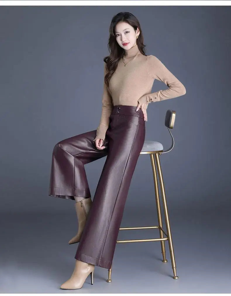 Pantalón Cuero Mujer Pierna Ancha - Pantalón PU Otoño Invierno
