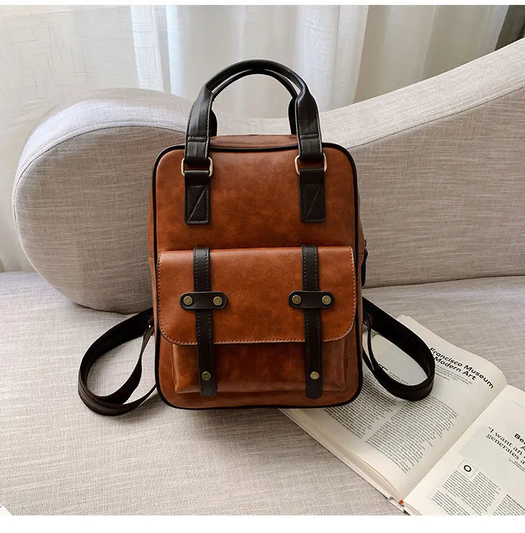 Mochila Cuero Juvenil Unisex - Alta Calidad Adolescentes Escolar Hombro Satchel Color Sólido