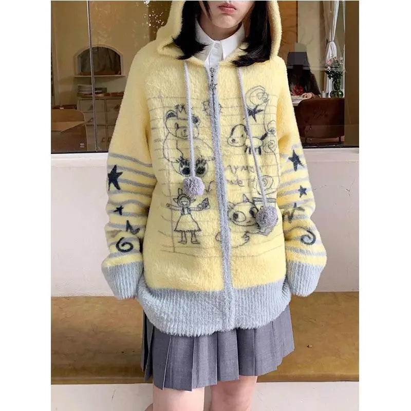 Cárdigan Mujer Vintage Graffiti Capucha - Oversized Invierno Punto Kawaii