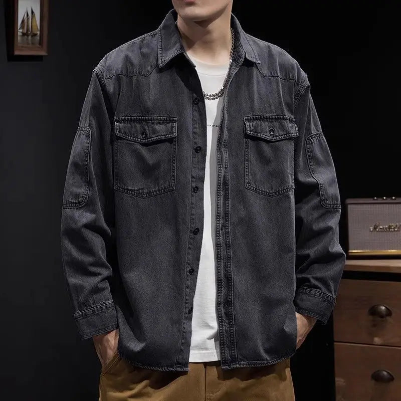 Camisa Denim Hombre Retro Trabajo - Casual Chaqueta Primavera Otoño Azul Manga Larga