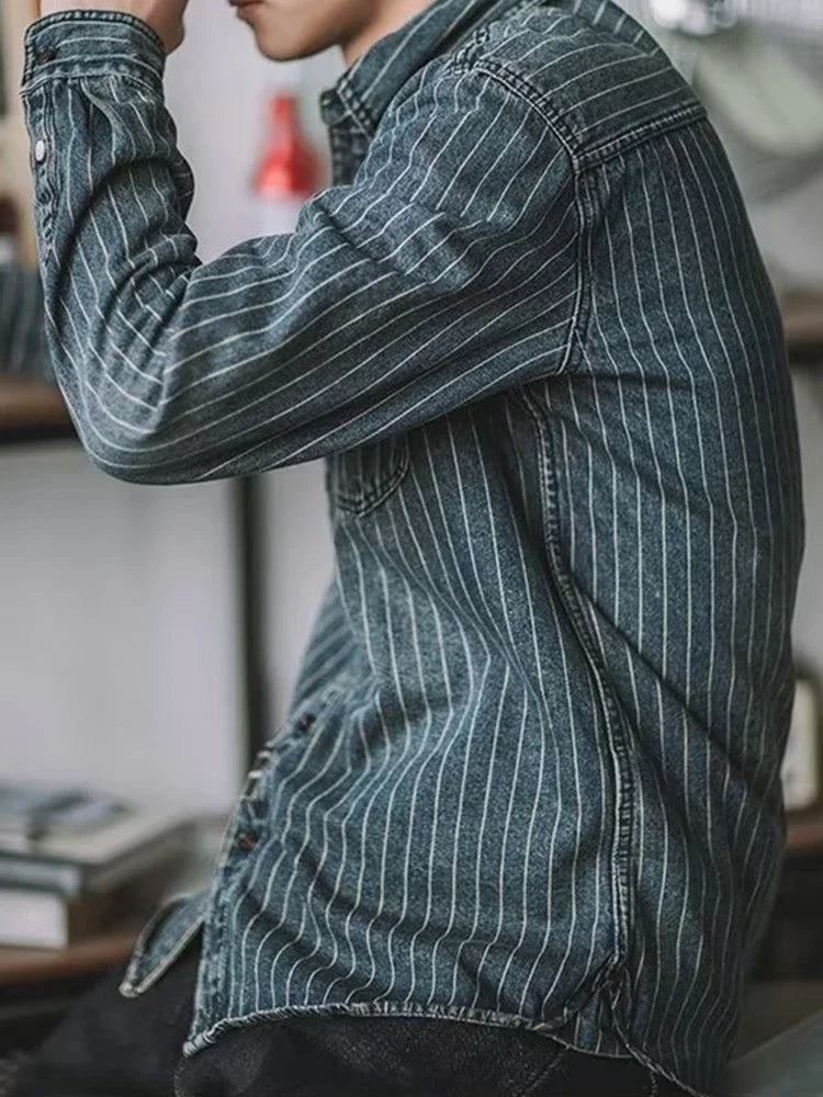 Camisa Denim Hombre Streetwear 2025 Primavera - Manga Larga Rayas Cargo Casual