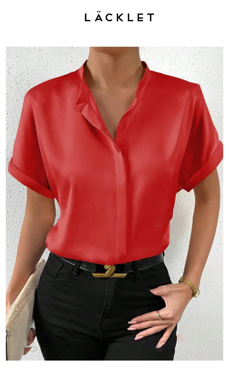 Camisa Satén Mujer Manga Corta - Blusa Oficina Básica 2025
