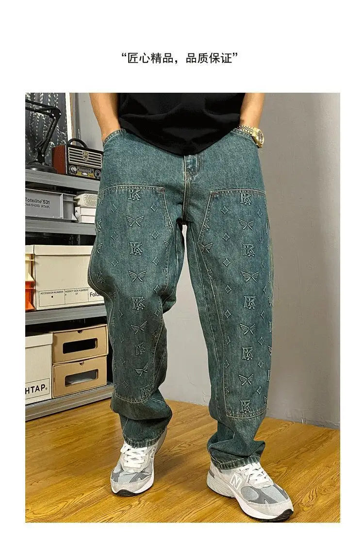 Vaqueros Workwear Hombre Bordados - Jeans Sueltos Rectos Retro Lavado Vintage Casuales