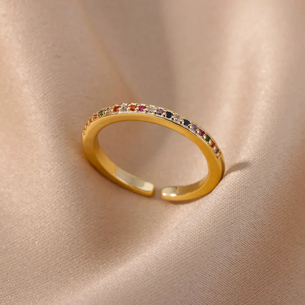 Anillo Circonita Arcoíris Mujer - Acero Inoxidable Dorado Boda 2025