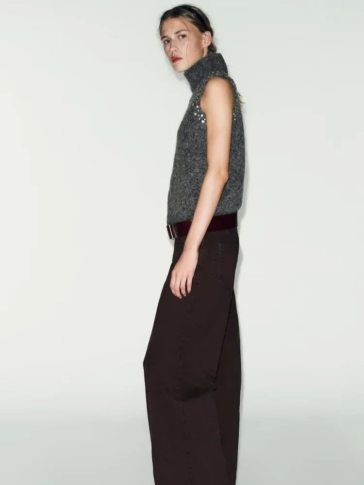 Chaleco Mujer Sin Mangas Punto 2025 - Cuello Alto Slim Casual Otoño