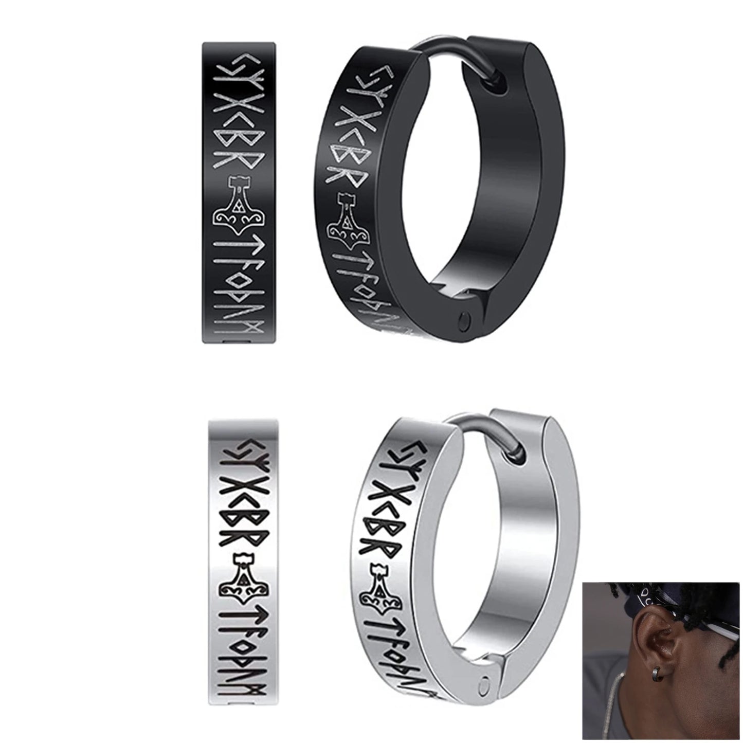 Pendientes Aro Runas Vikingas Unisex - Acero Inoxidable Hip-Hop