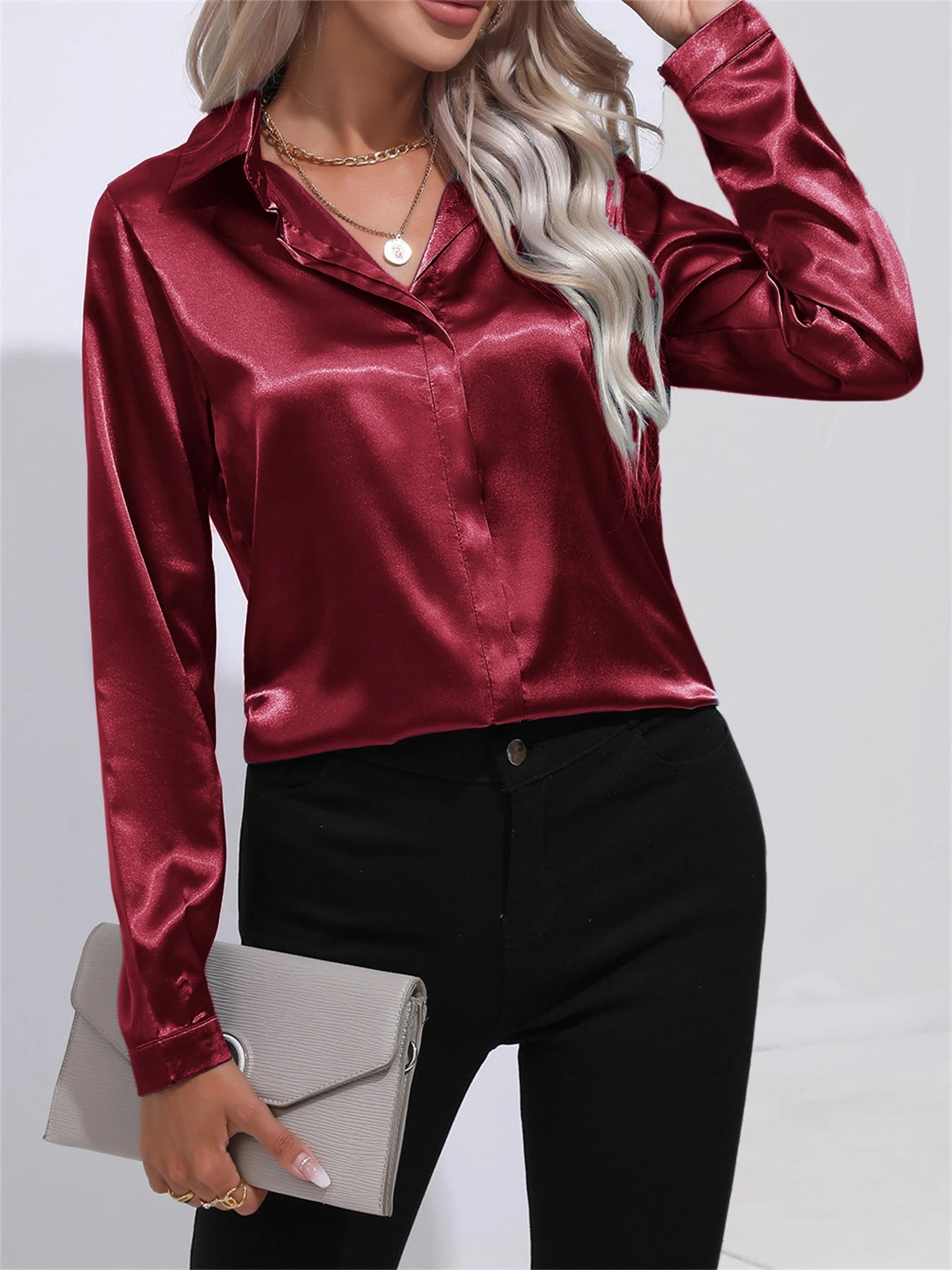 Camisa Satén Mujer Oficina - Blusa Cuello Botón Manga Larga