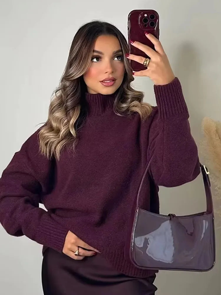 Suéter Mujer Burgundy Vintage - Jersey Cuello Alto Otoño Invierno
