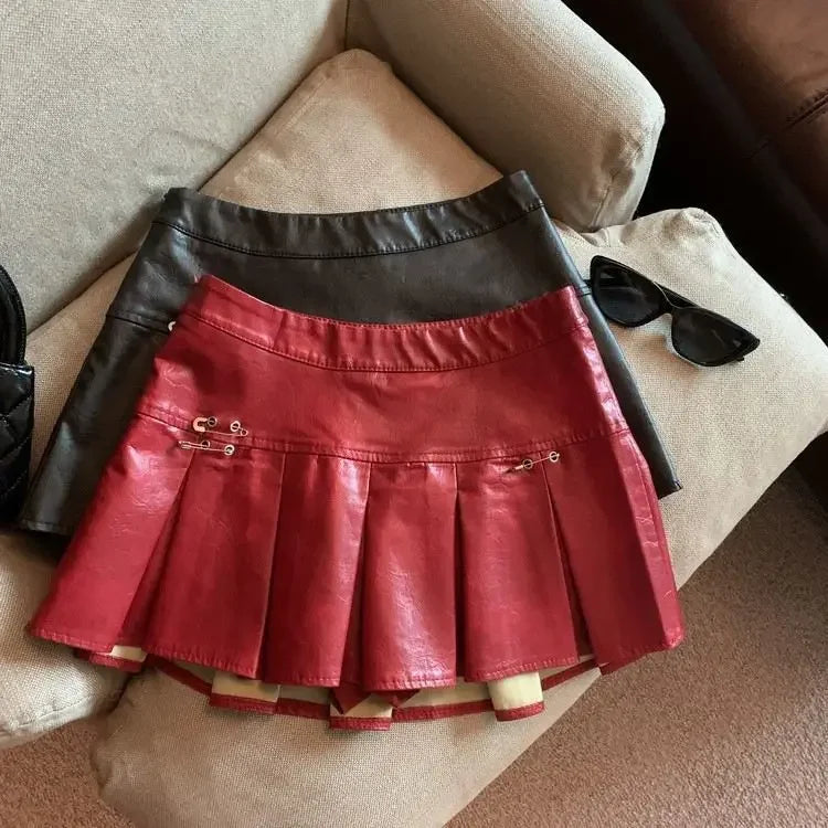 Falda Piel Plisada Mujer Mini - Falda Cuero PU Cintura Alta Roja Negra