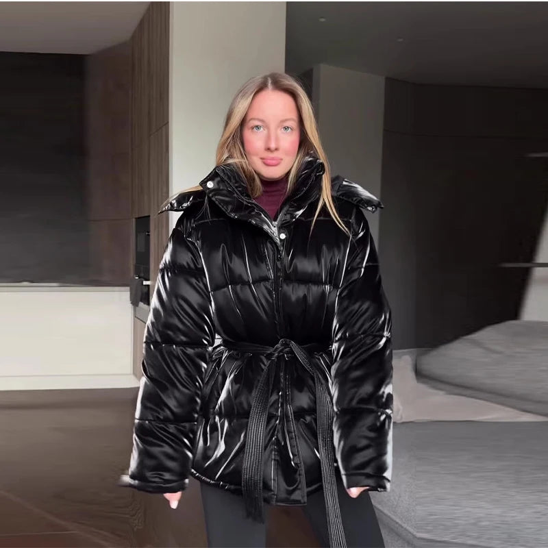 Abrigo Mujer Vintage Brillante - Abrigo Capucha Acolchado Cuello Alto 2025