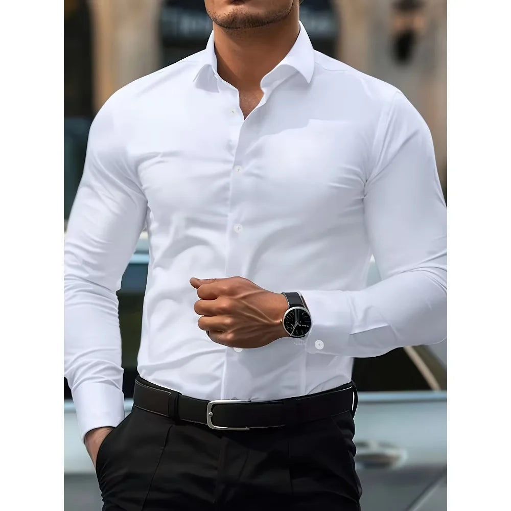 Camisa Blanca Formal Hombre Manga Larga Elástica