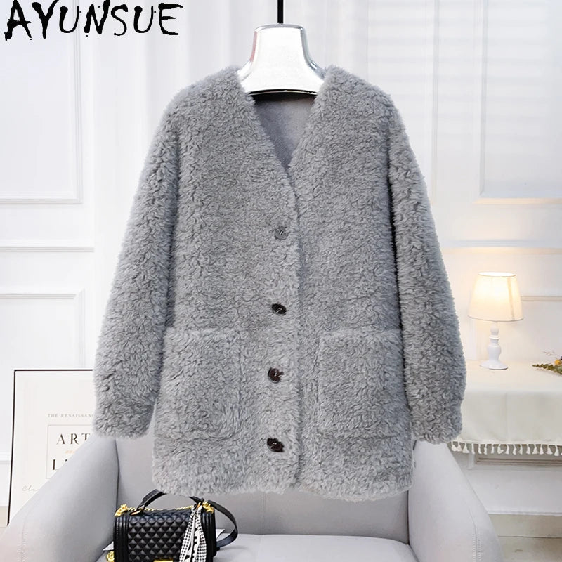 Chaqueta Lana Mujer Natural - Chaqueta Cordero Cuello V Media Largo 2025