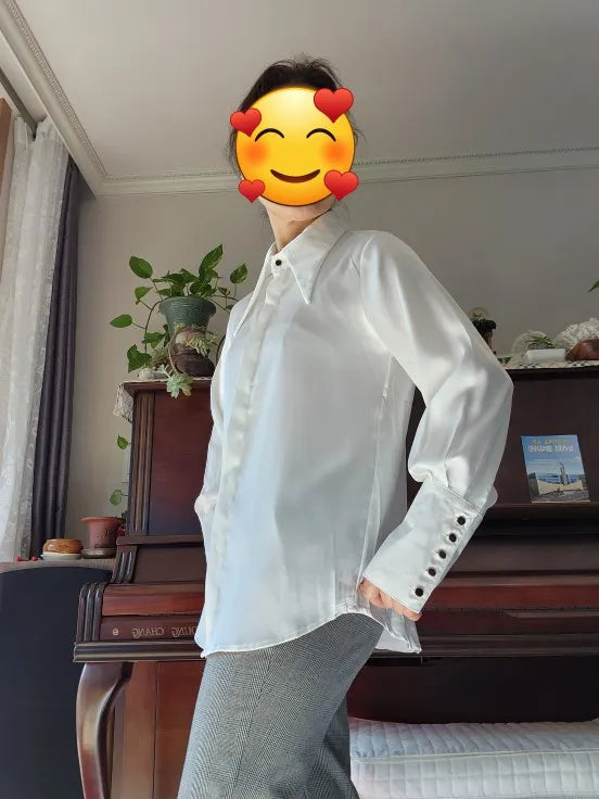 Camisa Satén Seda Mujer Vintage - Blusa Blanca Manga Larga Elegante