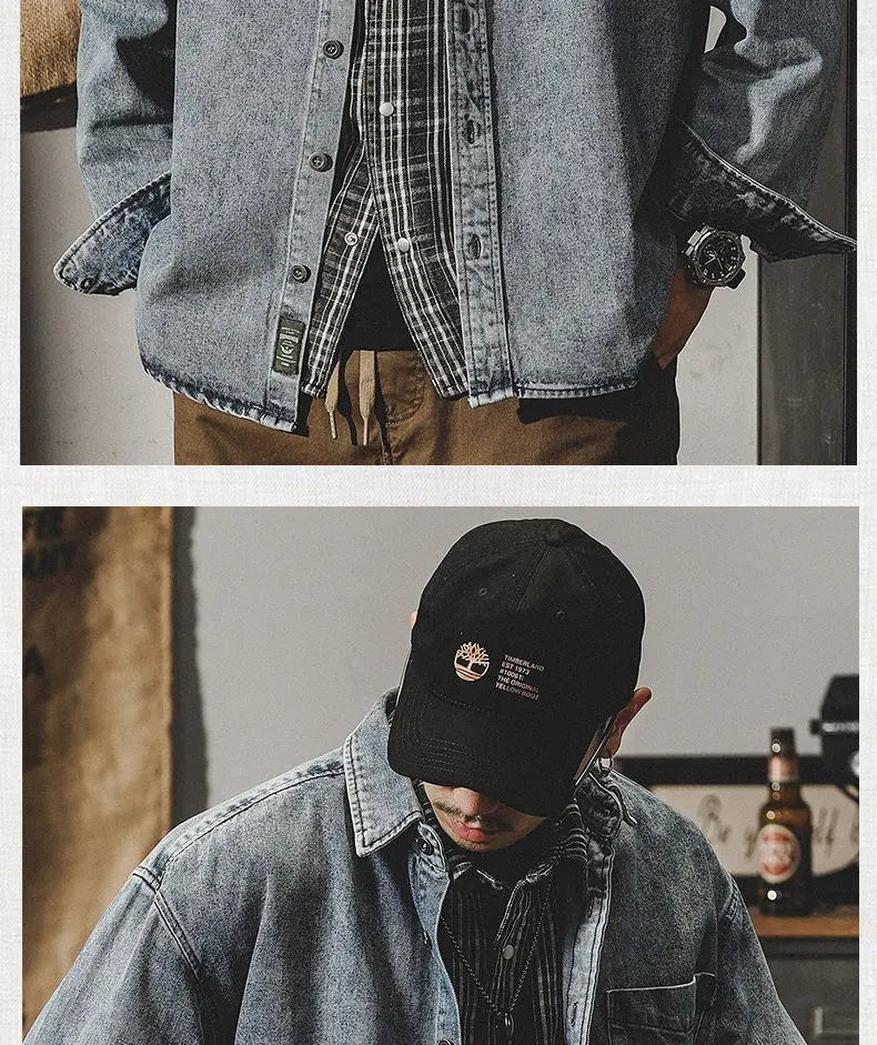 Camisa Denim Hombre Retro Trabajo - Casual Chaqueta Primavera Otoño Azul Manga Larga
