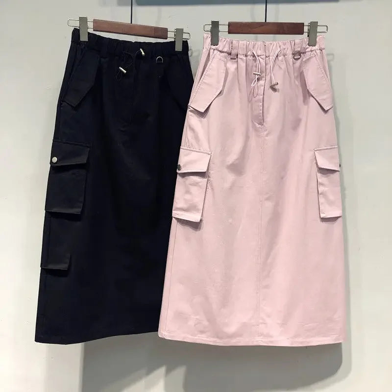 Falda Cargo Mujer Y2K Larga - Falda Bolsillos Cintura Elástica Negra
