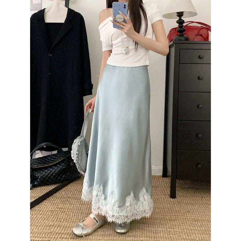 Falda Satén Mujer Larga Elegante - Falda Línea A Encaje Cintura Alta Verano