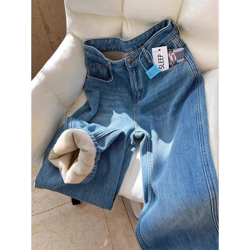 Vaqueros Mujer Forro Polar Invierno - Jeans Pierna Ancha Térmicos Gruesos
