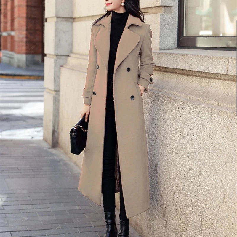 Abrigo Largo Mujer Estilo Coreano - Lana Invierno Negro