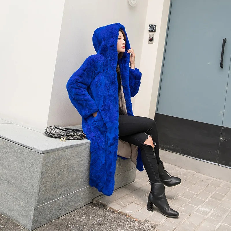 Abrigo Piel Conejo Mujer Capucha - Abrigo Real 110cm Largo Invierno