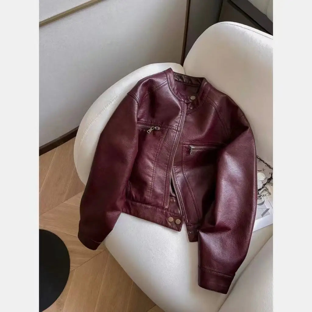 Chaqueta Cuero Mujer Primavera Otoño - Estilo Motociclista Retro
