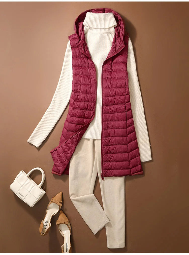 Chaleco Mujer Plumas Pato Ligero - Chaqueta Larga Capucha Slim Otoño