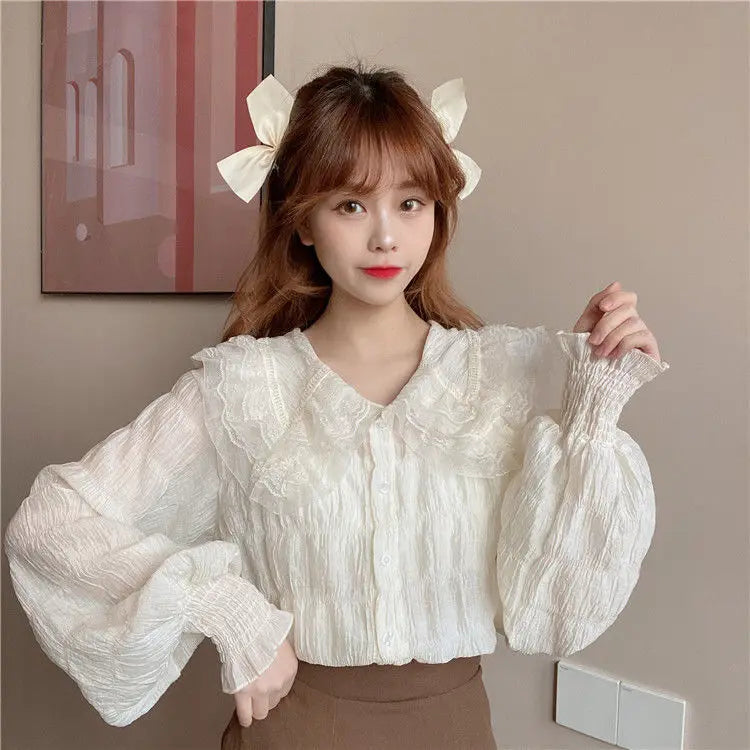 Camisa Cuello Peter Pan Mujer Coreana - Blusa Manga Larga Kawaii Primavera