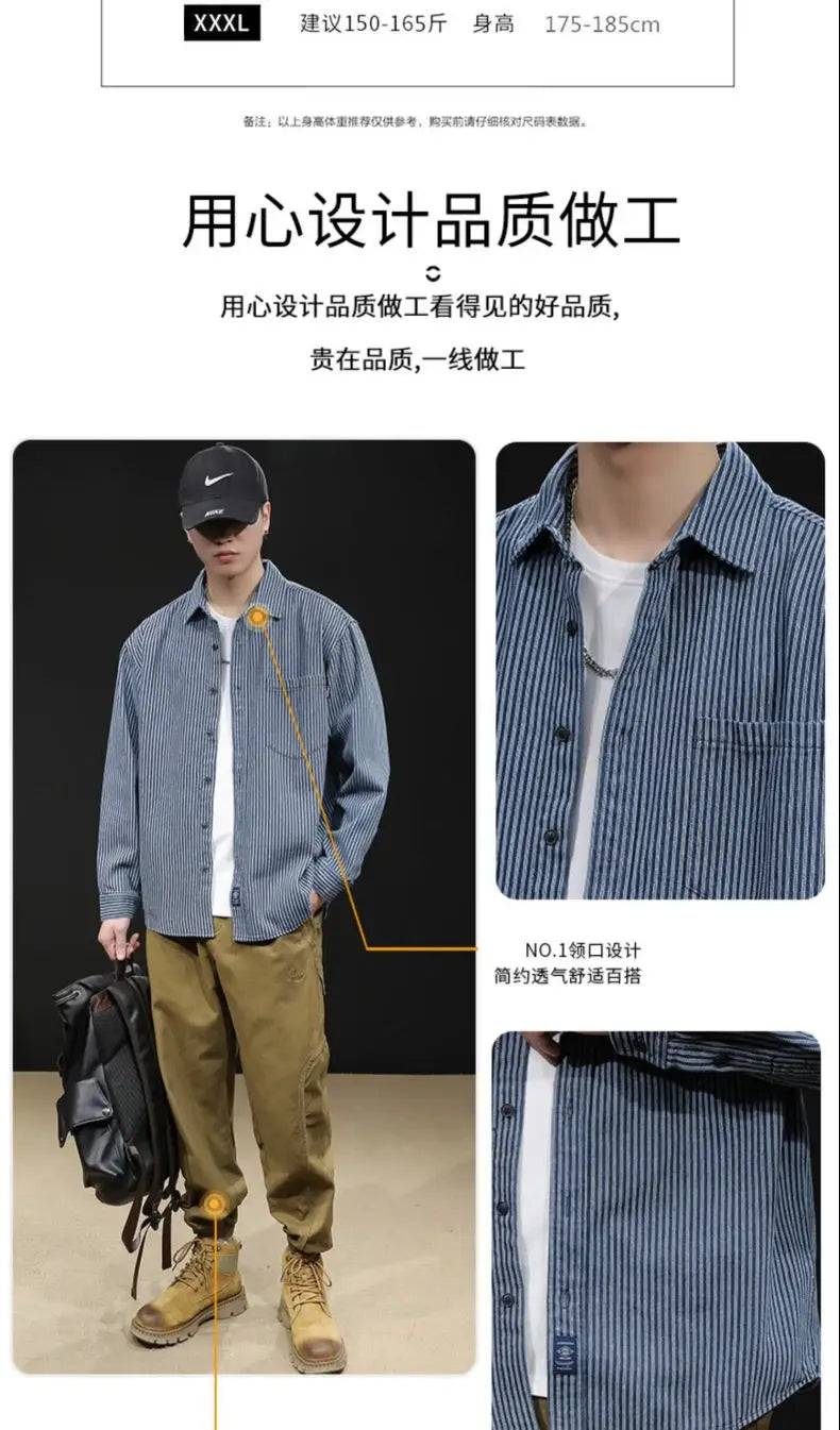 Camisa Denim Hombre Retro Trabajo - Casual Chaqueta Primavera Otoño Azul Manga Larga