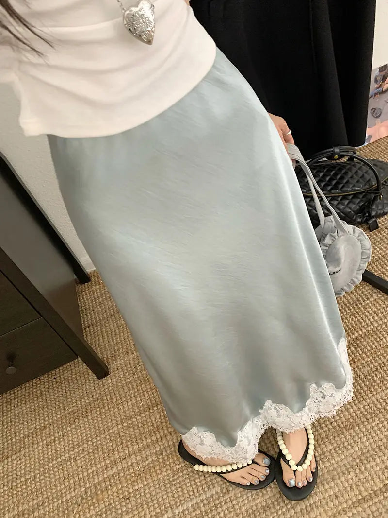 Falda Satén Mujer Larga Elegante - Falda Línea A Encaje Cintura Alta Verano