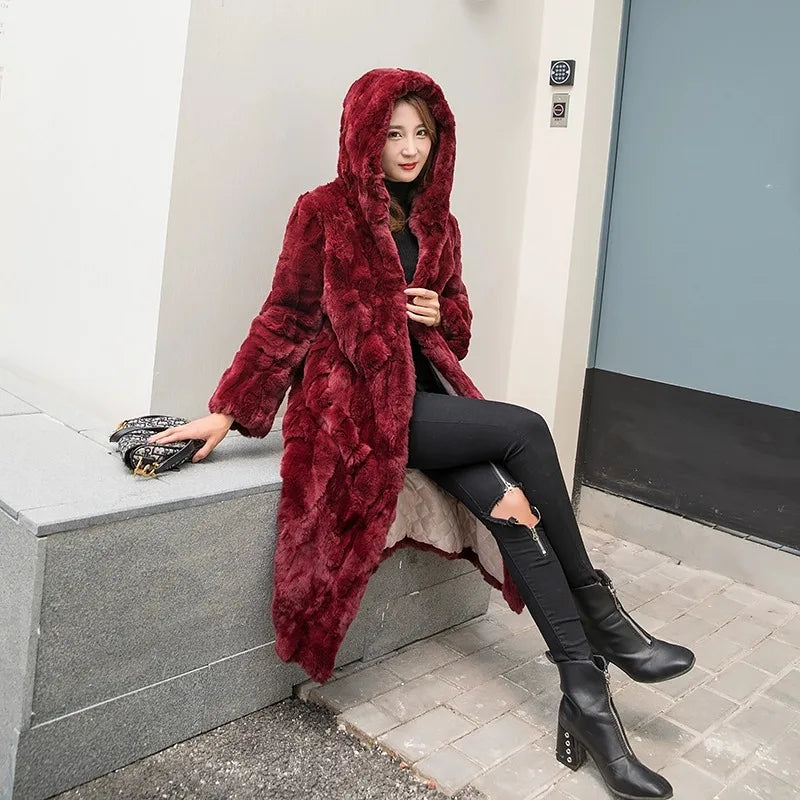 Abrigo Piel Conejo Mujer Capucha - Abrigo Real 110cm Largo Invierno