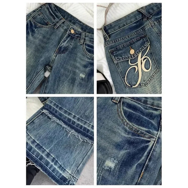 Jeans Acampanados Mujer Retro Americano - Pantalón Bordado Vintage Otoño