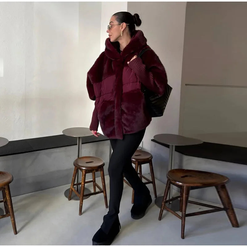 Abrigo Mujer Capucha Patchwork - Abrigo Manga Tejida Oversize 2025