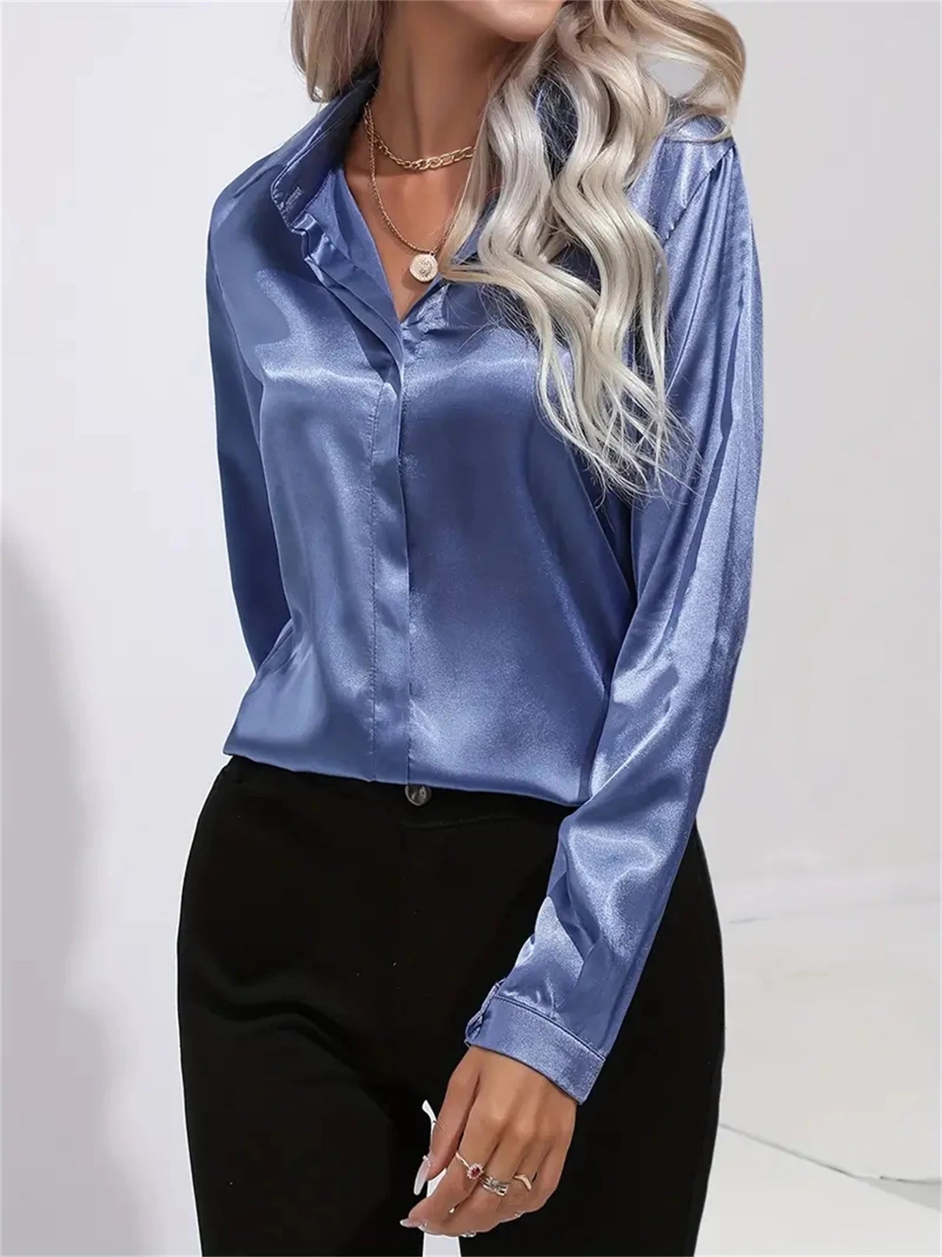 Camisa Satén Mujer Oficina - Blusa Cuello Botón Manga Larga