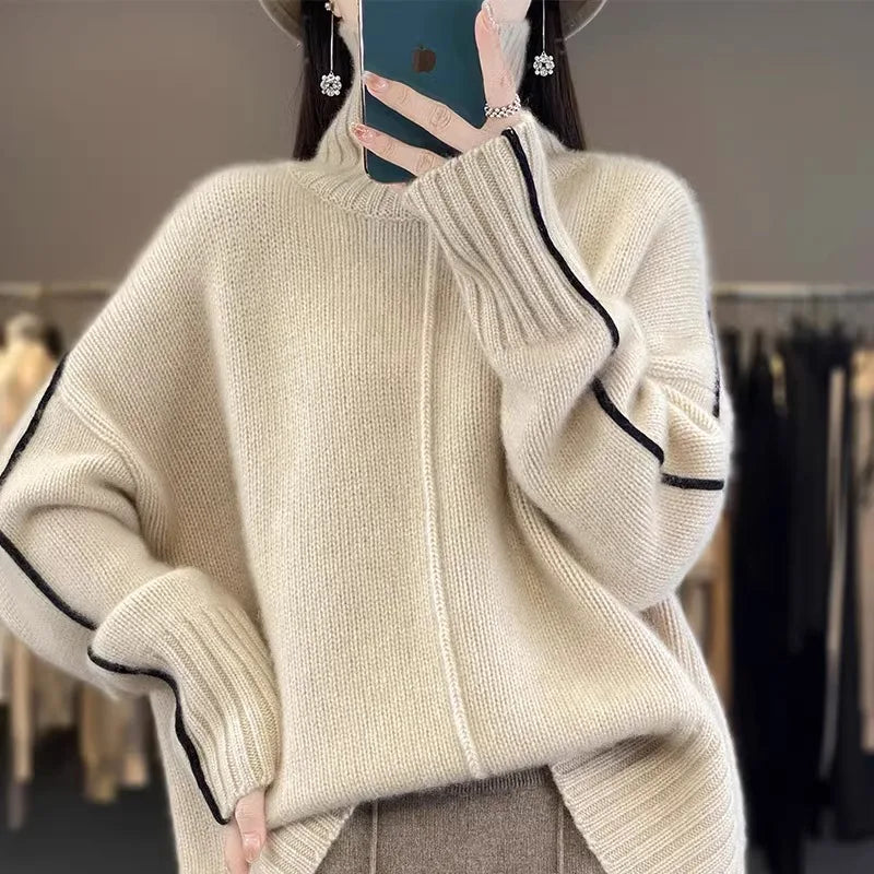 Jersey Mujer Cashmere 100% Cuello Alto - Holgado Grueso Invierno Lujo