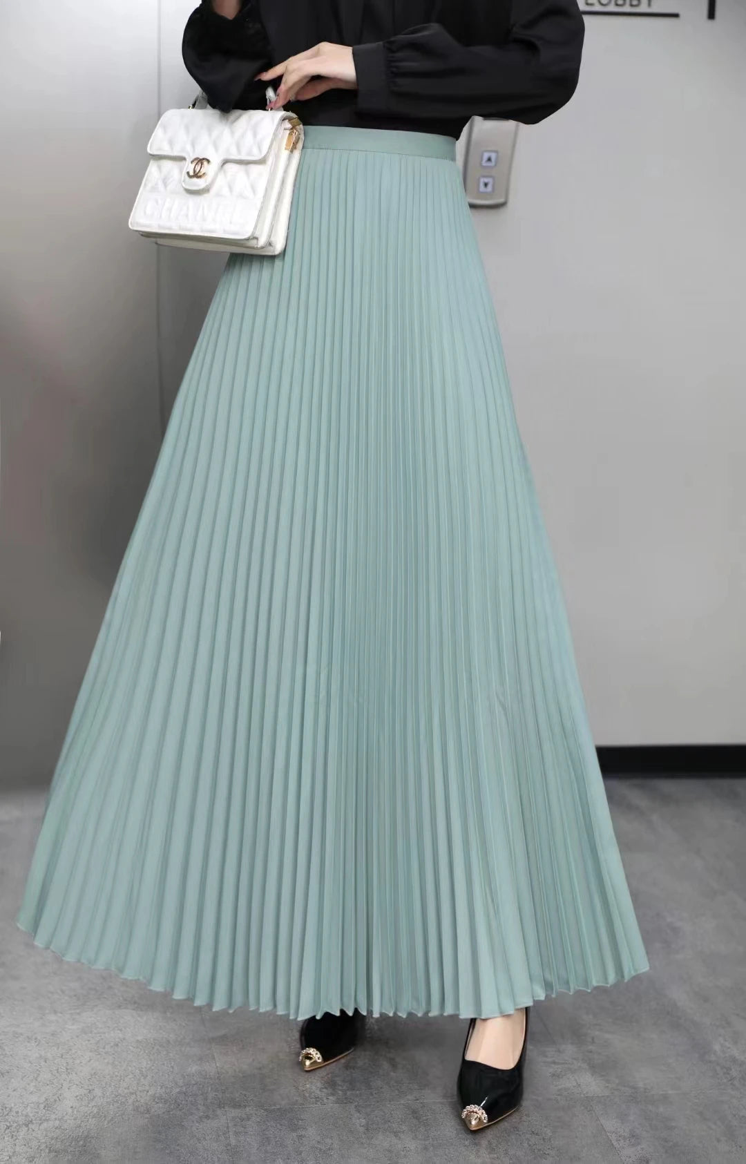 Falda Plisada Mujer Elegante 2024 - Falda Midi Cintura Alta Negra