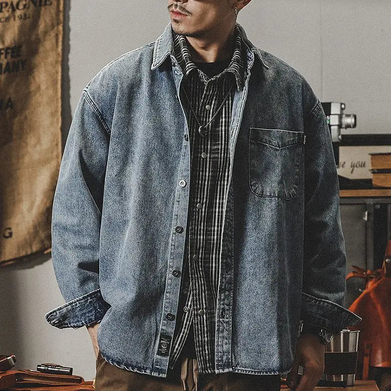 Camisa Denim Hombre Retro Trabajo - Casual Chaqueta Primavera Otoño Azul Manga Larga