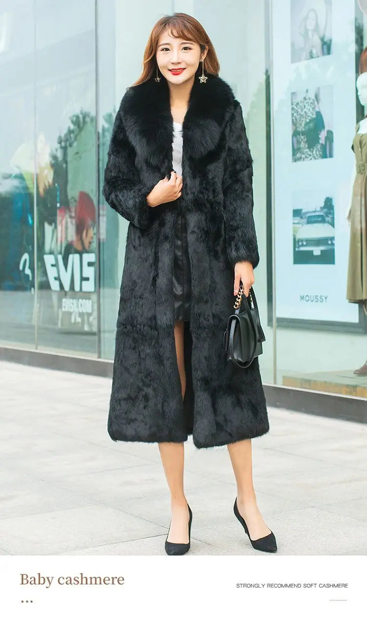 Abrigo Piel Conejo Rex Mujer - Abrigo Largo Cuello Zorro Fashion Invierno