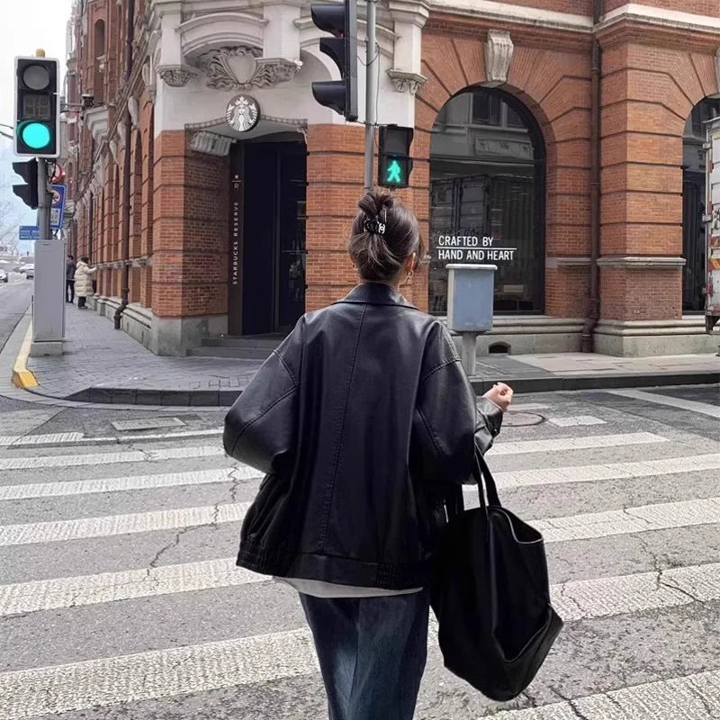 Chaqueta Cuero Mujer Americana - Chaqueta Moto Café Retro 2024