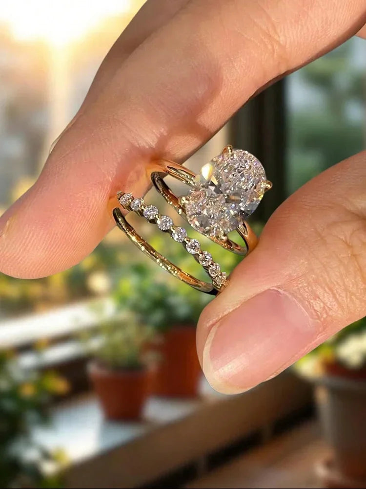 Anillo Plata 925 Oval Circonita - Set Apilable Boda Lujo Mujer