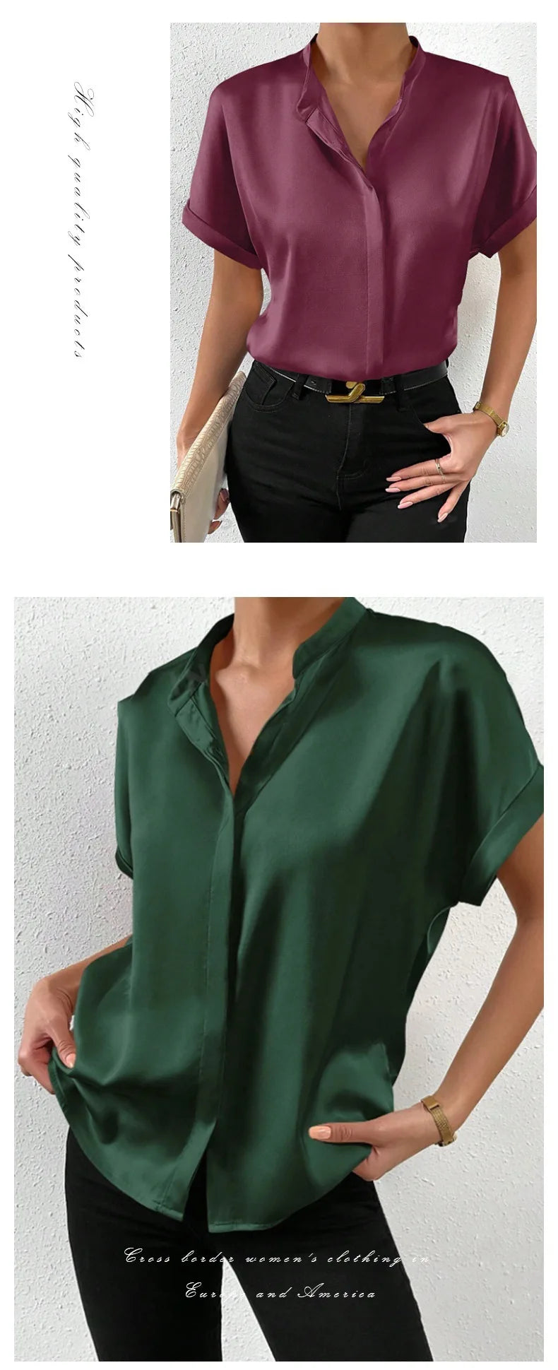 Camisa Satén Mujer Manga Corta - Blusa Oficina Básica 2025