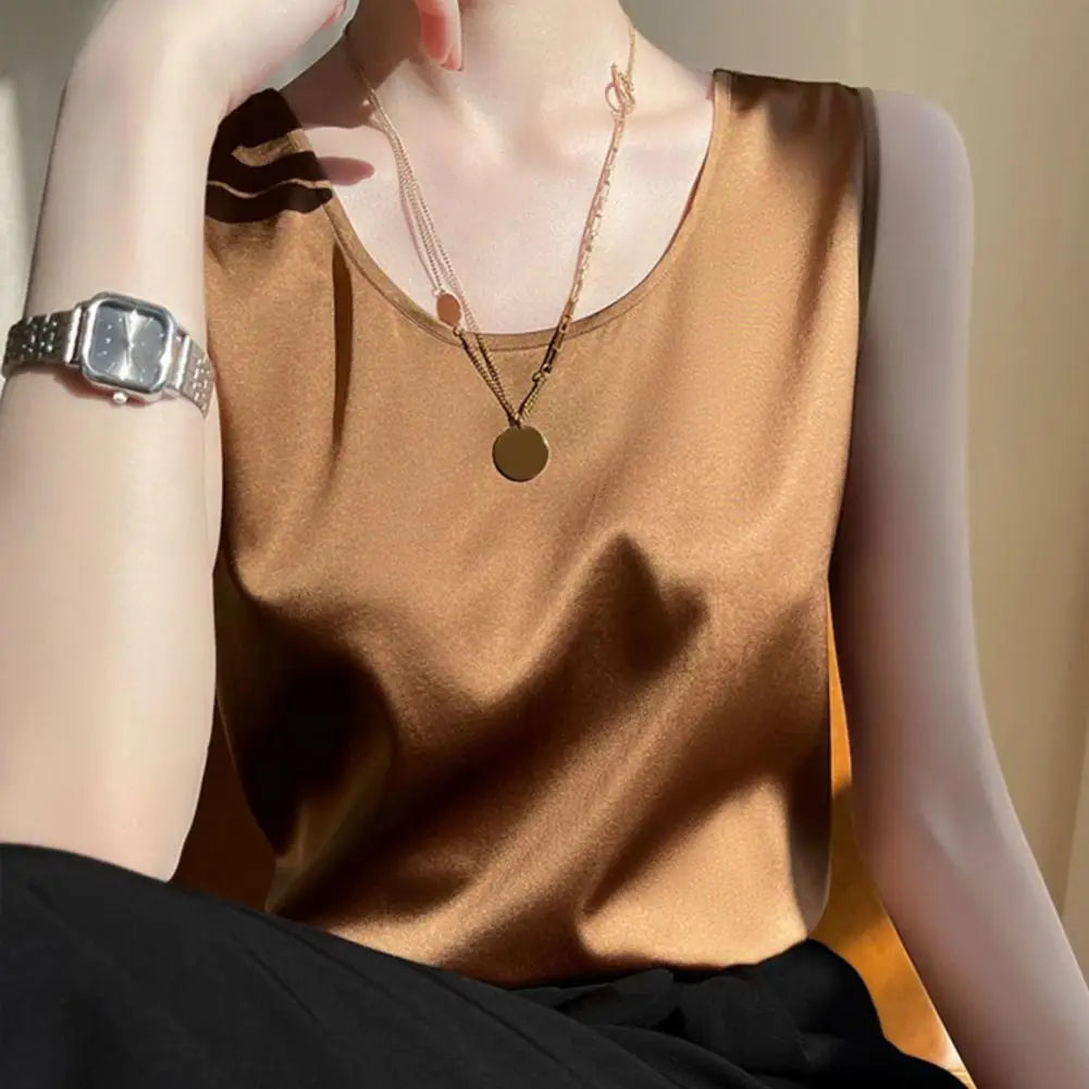 Top Satén Mujer Sin Mangas Verano - Camisola Cuello Redondo Elegante