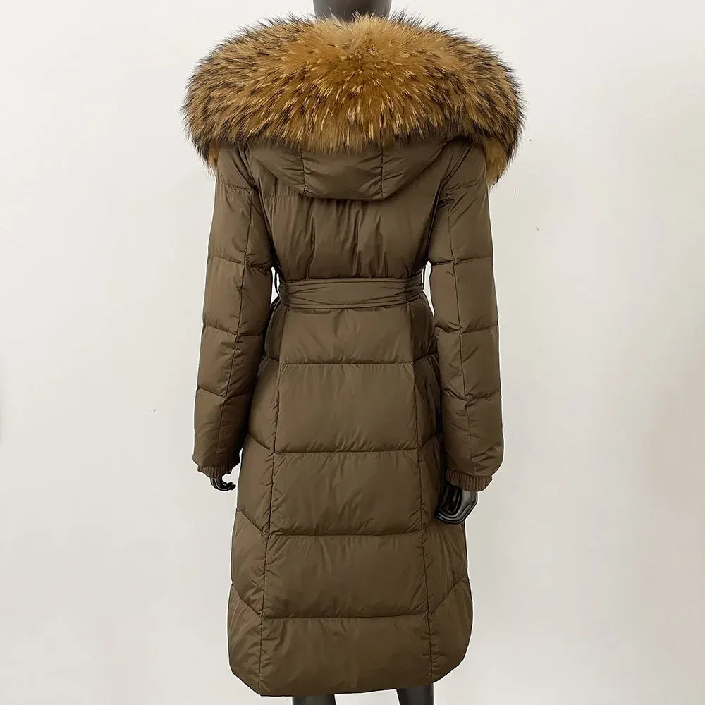 Abrigo Mujer Plumas Pato Piel Mapache - Chaqueta Larga Invierno Lujo